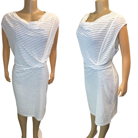 T Tahari White Twist Dress Midi sleeveless Cowlneck  sheer striped size XL - Picture 13 of 17